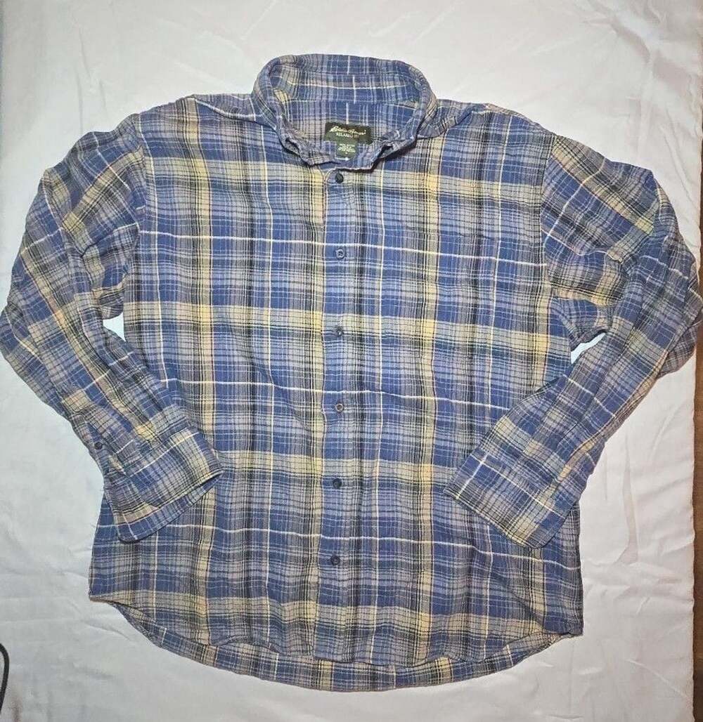 Eddie Bauer Plaid Flannel Button Down Shirt Size L Blue Yellow Cotton